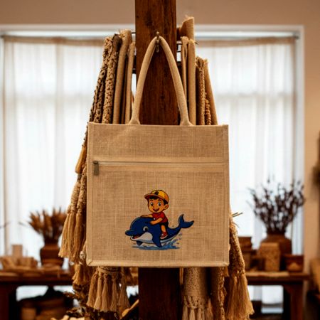 Dolphin Adventure Zipper Jute Tote Bag